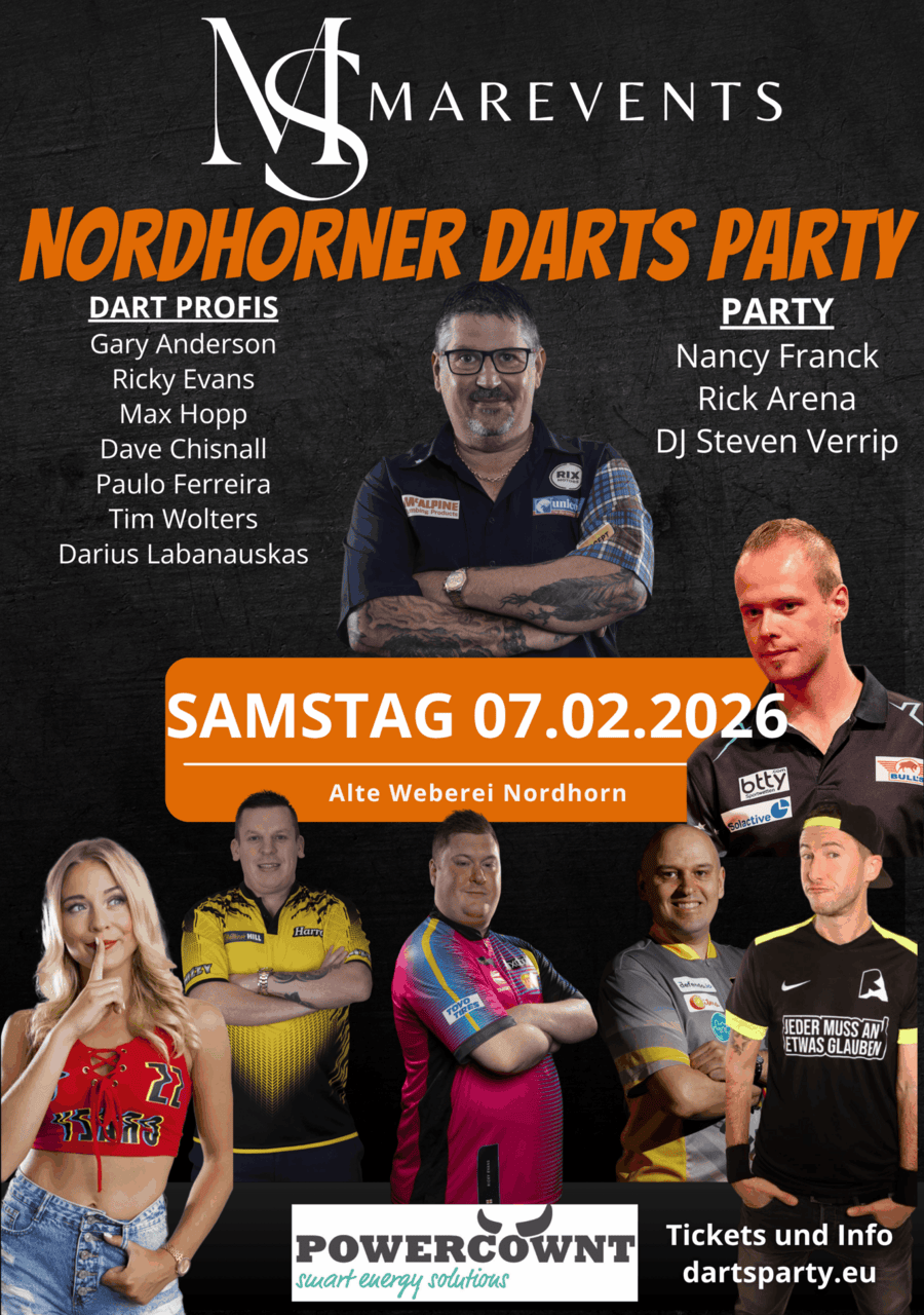 Veranstaltungsplakat der Nordhorner Darts Party von MareventS mit Gary Anderson und Nancy Franck.