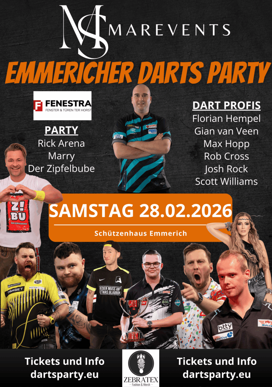 Veranstaltungsplakat der Emmericher Darts Party von MareventS